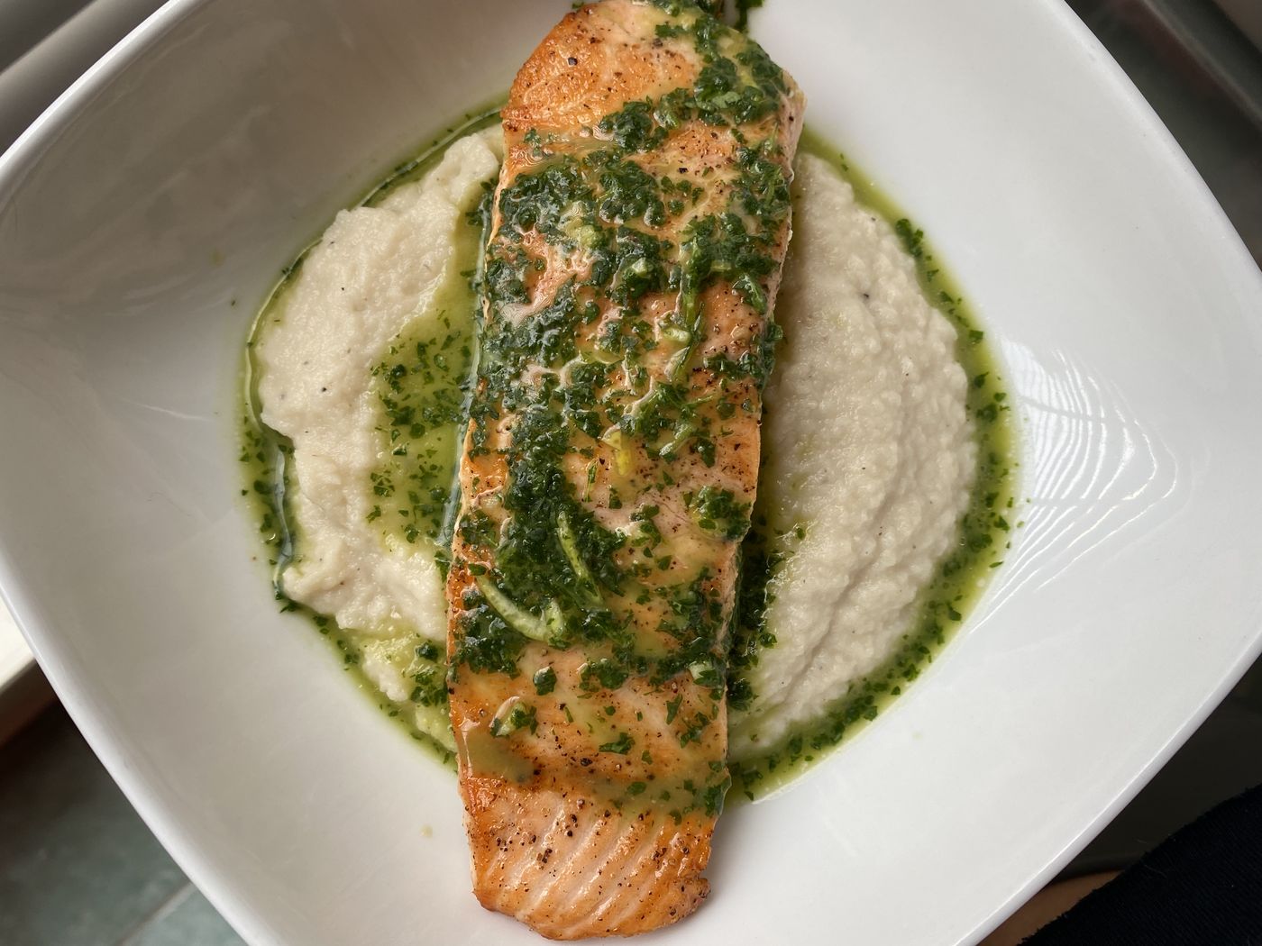 Herb-crusted salmon, plated by Talia